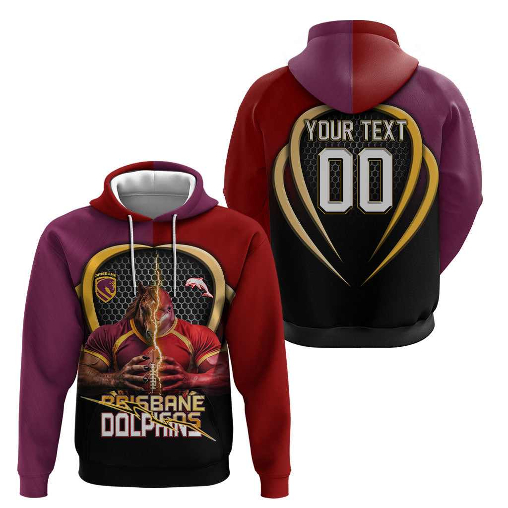 Personalized Brisbane Broncos vs Dolphins Fusion Hoodie Hybrid Mascot Lightning Graphic With Hexagon Honeycomb