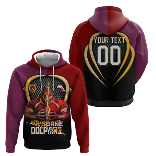 Personalized Brisbane Broncos vs Dolphins Fusion Hoodie Hybrid Mascot Lightning Graphic With Hexagon Honeycomb