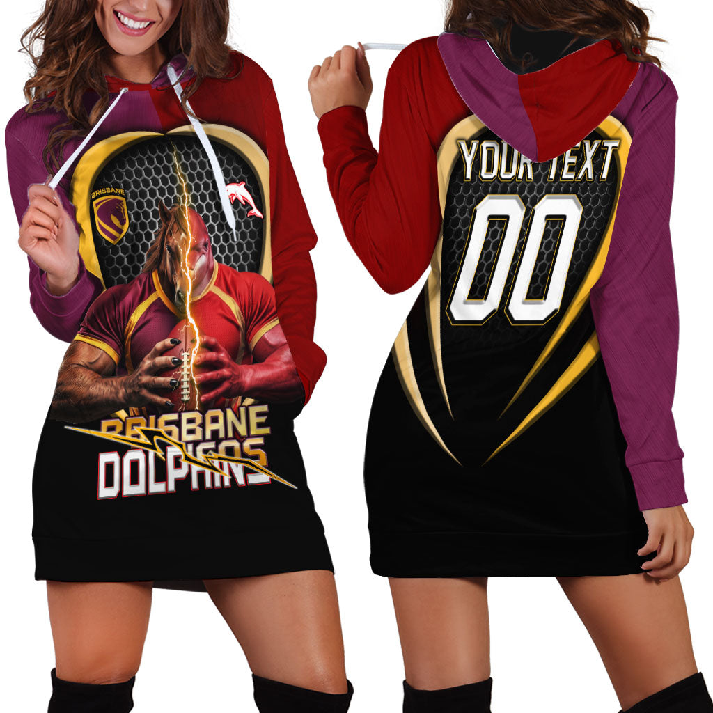 Personalized Brisbane Broncos vs Dolphins Fusion Hoodie Dress Hybrid Mascot Lightning Graphic With Hexagon Honeycomb