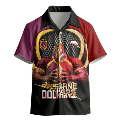 Personalized Brisbane Broncos vs Dolphins Fusion Kid Hawaiian Shirt Hybrid Mascot Lightning Graphic With Hexagon Honeycomb