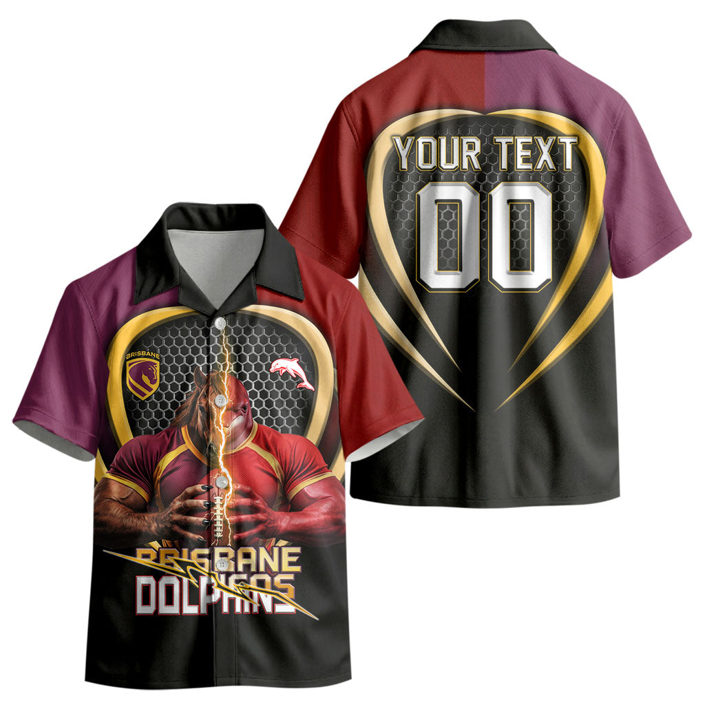 Personalized Brisbane Broncos vs Dolphins Fusion Kid Hawaiian Shirt Hybrid Mascot Lightning Graphic With Hexagon Honeycomb