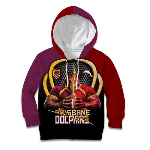 Personalized Brisbane Broncos vs Dolphins Fusion Kid Hoodie Hybrid Mascot Lightning Graphic With Hexagon Honeycomb