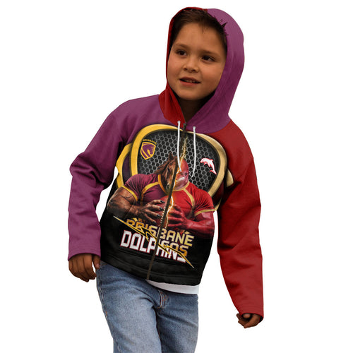 Personalized Brisbane Broncos vs Dolphins Fusion Kid Hoodie Hybrid Mascot Lightning Graphic With Hexagon Honeycomb