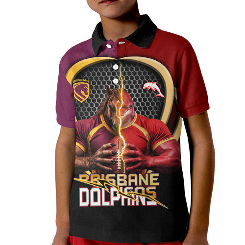 Personalized Brisbane Broncos vs Dolphins Fusion Kid Polo Shirt Hybrid Mascot Lightning Graphic With Hexagon Honeycomb