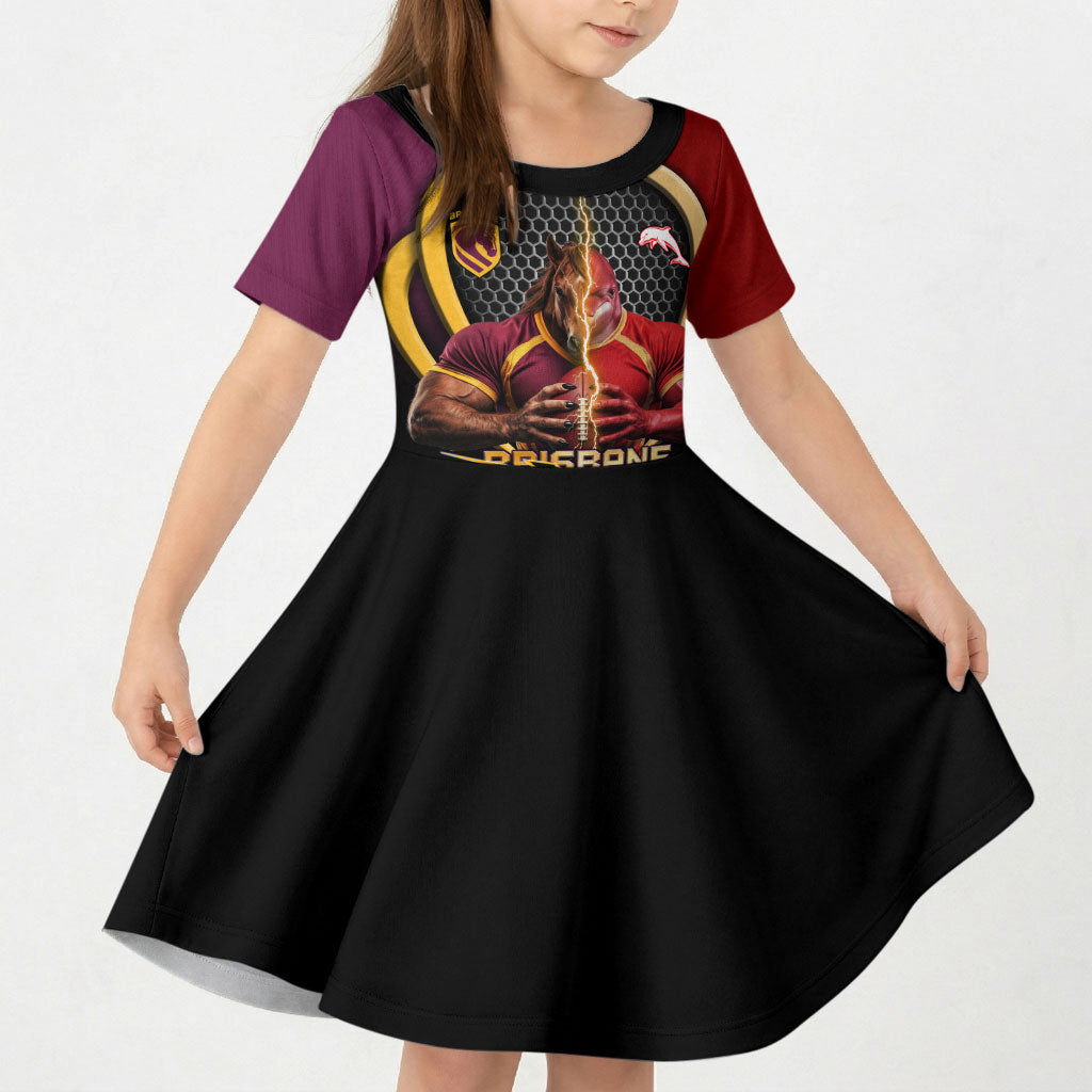 Personalized Brisbane Broncos vs Dolphins Fusion Kid Short Sleeve Dress Hybrid Mascot Lightning Graphic With Hexagon Honeycomb