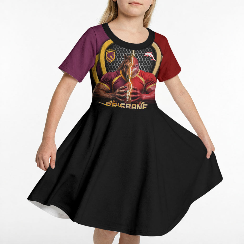 Personalized Brisbane Broncos vs Dolphins Fusion Kid Short Sleeve Dress Hybrid Mascot Lightning Graphic With Hexagon Honeycomb