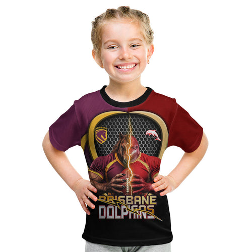 Personalized Brisbane Broncos vs Dolphins Fusion Kid T Shirt Hybrid Mascot Lightning Graphic With Hexagon Honeycomb
