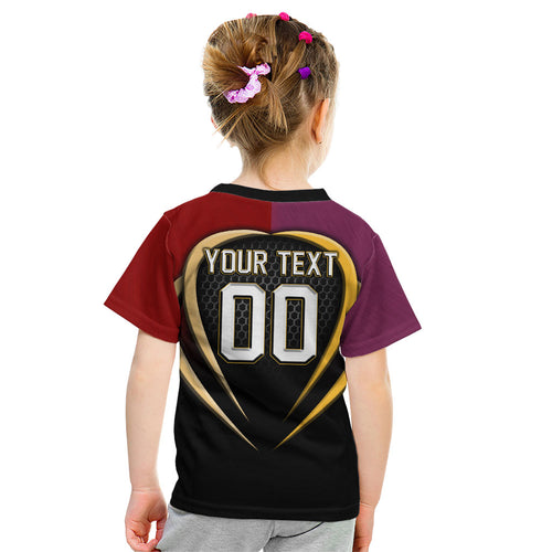 Personalized Brisbane Broncos vs Dolphins Fusion Kid T Shirt Hybrid Mascot Lightning Graphic With Hexagon Honeycomb
