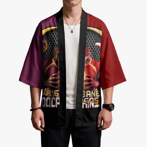 Personalized Brisbane Broncos vs Dolphins Fusion Kimono Hybrid Mascot Lightning Graphic With Hexagon Honeycomb