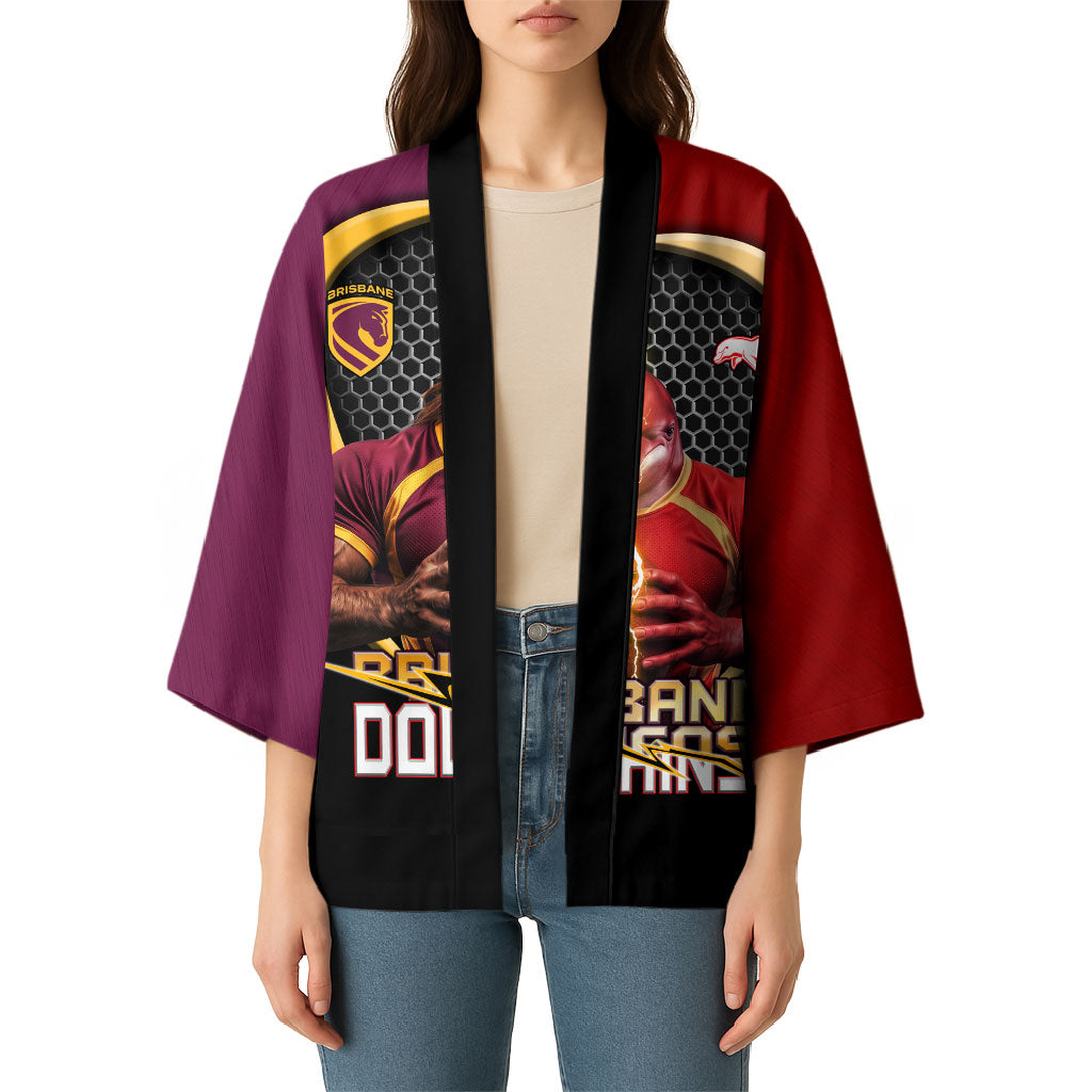Personalized Brisbane Broncos vs Dolphins Fusion Kimono Hybrid Mascot Lightning Graphic With Hexagon Honeycomb