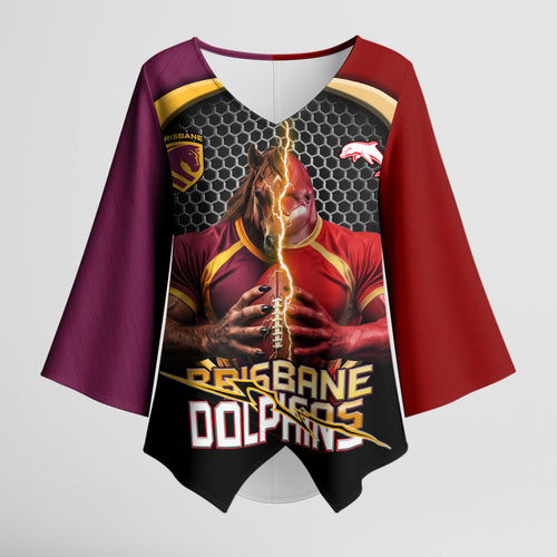 Personalized Brisbane Broncos vs Dolphins Fusion Kimono Sleeve Blouse Hybrid Mascot Lightning Graphic With Hexagon Honeycomb