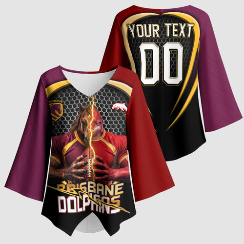 Personalized Brisbane Broncos vs Dolphins Fusion Kimono Sleeve Blouse Hybrid Mascot Lightning Graphic With Hexagon Honeycomb