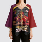 Personalized Brisbane Broncos vs Dolphins Fusion Kimono Sleeve Blouse Hybrid Mascot Lightning Graphic With Hexagon Honeycomb