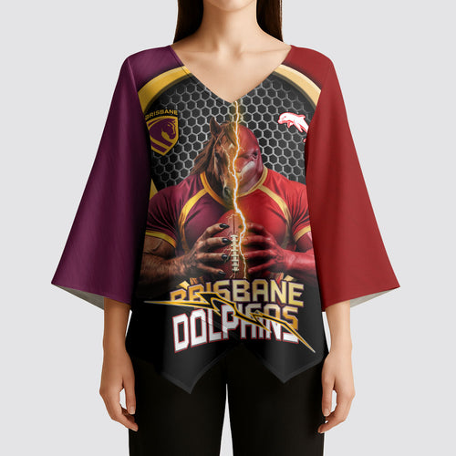 Personalized Brisbane Broncos vs Dolphins Fusion Kimono Sleeve Blouse Hybrid Mascot Lightning Graphic With Hexagon Honeycomb
