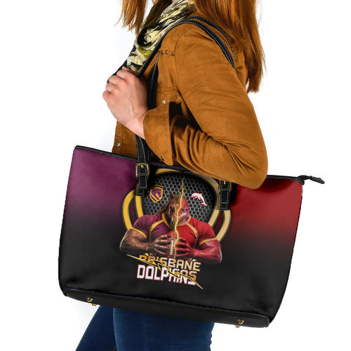 Brisbane Broncos vs Dolphins Fusion Leather Tote Bag Hybrid Mascot Lightning Graphic With Hexagon Honeycomb