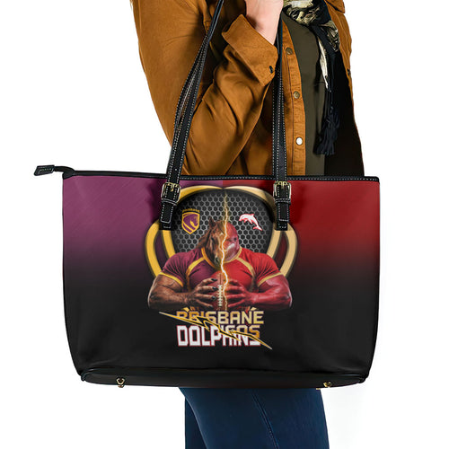 Brisbane Broncos vs Dolphins Fusion Leather Tote Bag Hybrid Mascot Lightning Graphic With Hexagon Honeycomb