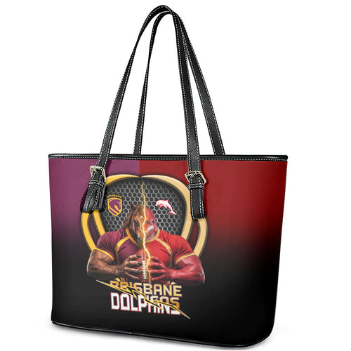 Brisbane Broncos vs Dolphins Fusion Leather Tote Bag Hybrid Mascot Lightning Graphic With Hexagon Honeycomb