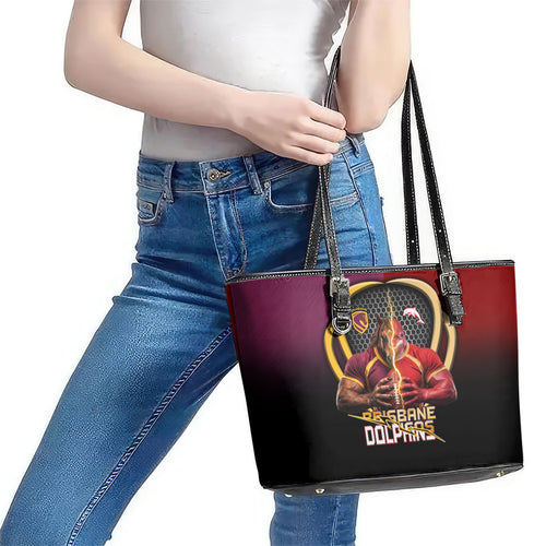 Brisbane Broncos vs Dolphins Fusion Leather Tote Bag Hybrid Mascot Lightning Graphic With Hexagon Honeycomb