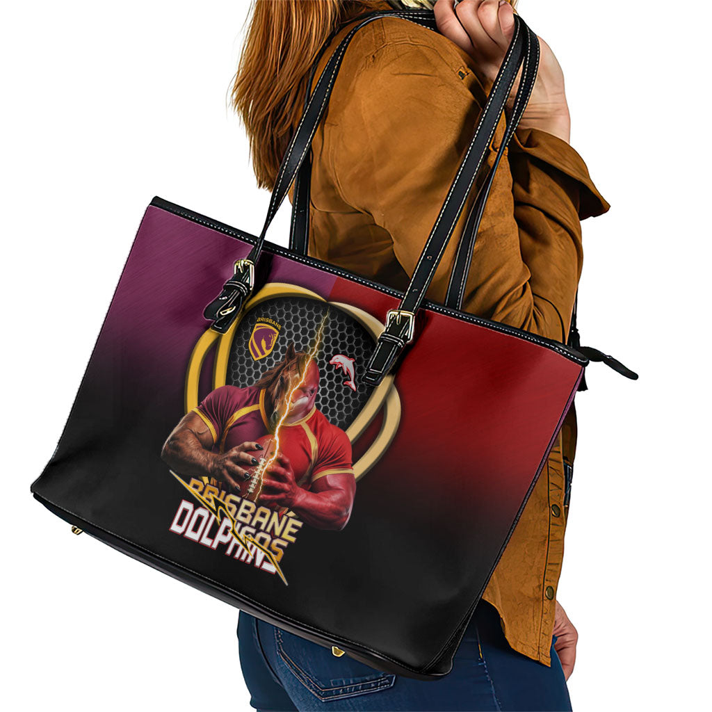 Brisbane Broncos vs Dolphins Fusion Leather Tote Bag Hybrid Mascot Lightning Graphic With Hexagon Honeycomb
