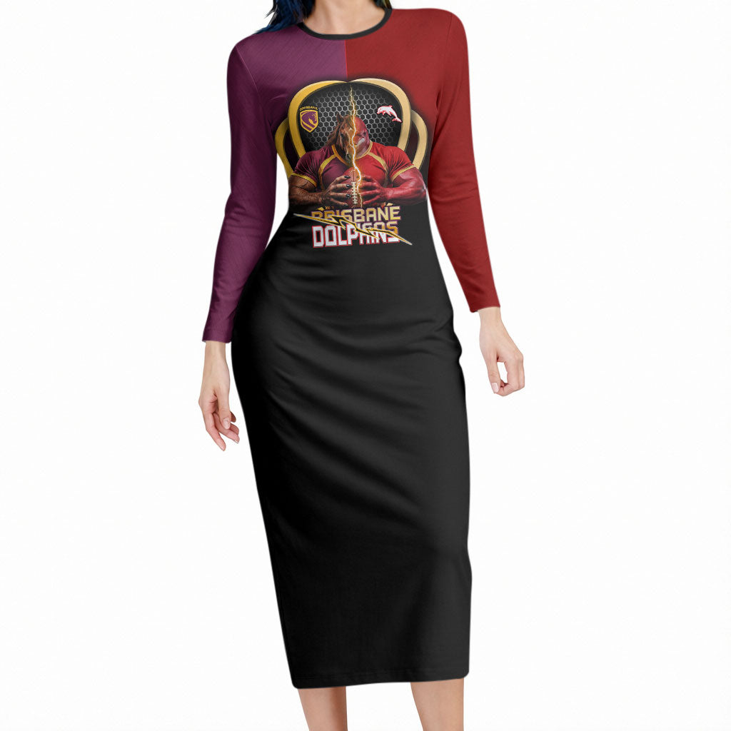 Personalized Brisbane Broncos vs Dolphins Fusion Long Sleeve Bodycon Dress Hybrid Mascot Lightning Graphic With Hexagon Honeycomb