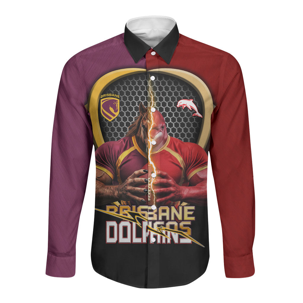 Personalized Brisbane Broncos vs Dolphins Fusion Long Sleeve Button Shirt Hybrid Mascot Lightning Graphic With Hexagon Honeycomb