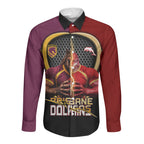 Personalized Brisbane Broncos vs Dolphins Fusion Long Sleeve Button Shirt Hybrid Mascot Lightning Graphic With Hexagon Honeycomb