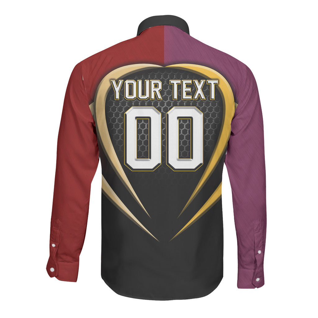 Personalized Brisbane Broncos vs Dolphins Fusion Long Sleeve Button Shirt Hybrid Mascot Lightning Graphic With Hexagon Honeycomb