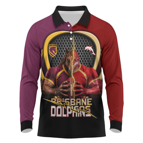 Personalized Brisbane Broncos vs Dolphins Fusion Long Sleeve Polo Shirt Hybrid Mascot Lightning Graphic With Hexagon Honeycomb