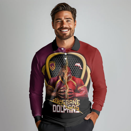 Personalized Brisbane Broncos vs Dolphins Fusion Long Sleeve Polo Shirt Hybrid Mascot Lightning Graphic With Hexagon Honeycomb