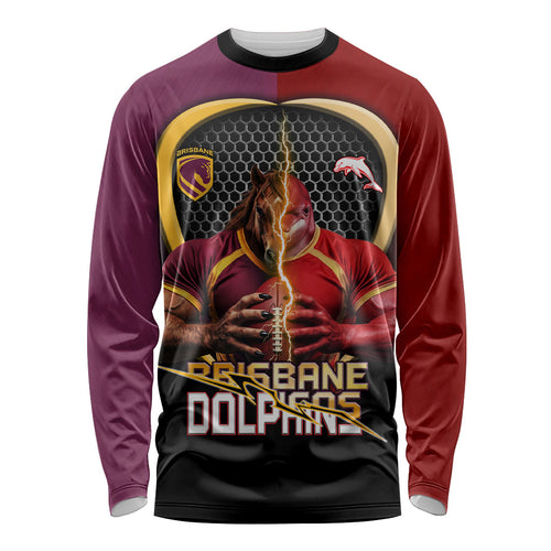 Personalized Brisbane Broncos vs Dolphins Fusion Long Sleeve Shirt Hybrid Mascot Lightning Graphic With Hexagon Honeycomb