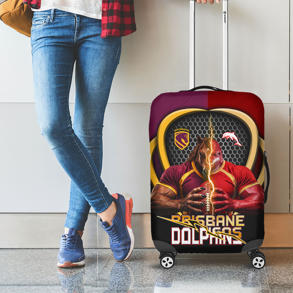 Brisbane Broncos vs Dolphins Fusion Luggage Cover Hybrid Mascot Lightning Graphic With Hexagon Honeycomb