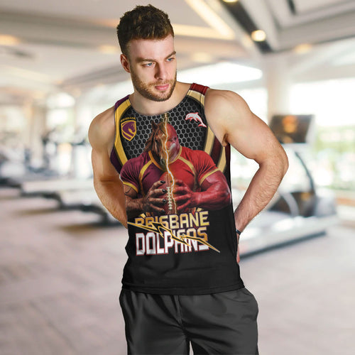 Personalized Brisbane Broncos vs Dolphins Fusion Men Tank Top Hybrid Mascot Lightning Graphic With Hexagon Honeycomb