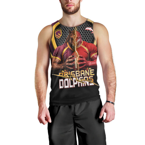Personalized Brisbane Broncos vs Dolphins Fusion Men Tank Top Hybrid Mascot Lightning Graphic With Hexagon Honeycomb