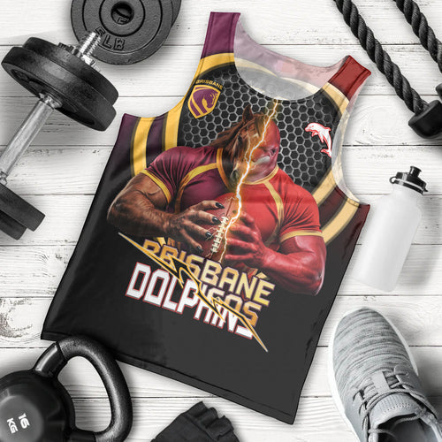 Personalized Brisbane Broncos vs Dolphins Fusion Men Tank Top Hybrid Mascot Lightning Graphic With Hexagon Honeycomb