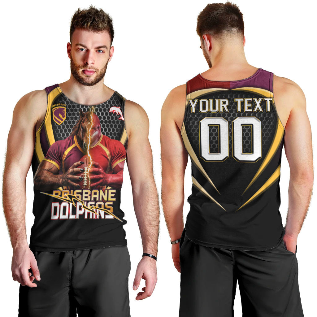 Personalized Brisbane Broncos vs Dolphins Fusion Men Tank Top Hybrid Mascot Lightning Graphic With Hexagon Honeycomb