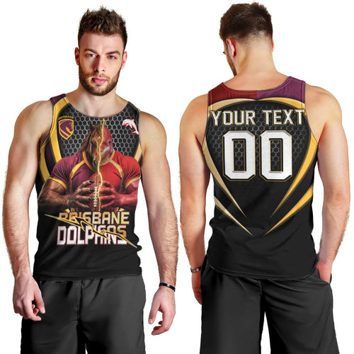 Personalized Brisbane Broncos vs Dolphins Fusion Men Tank Top Hybrid Mascot Lightning Graphic With Hexagon Honeycomb