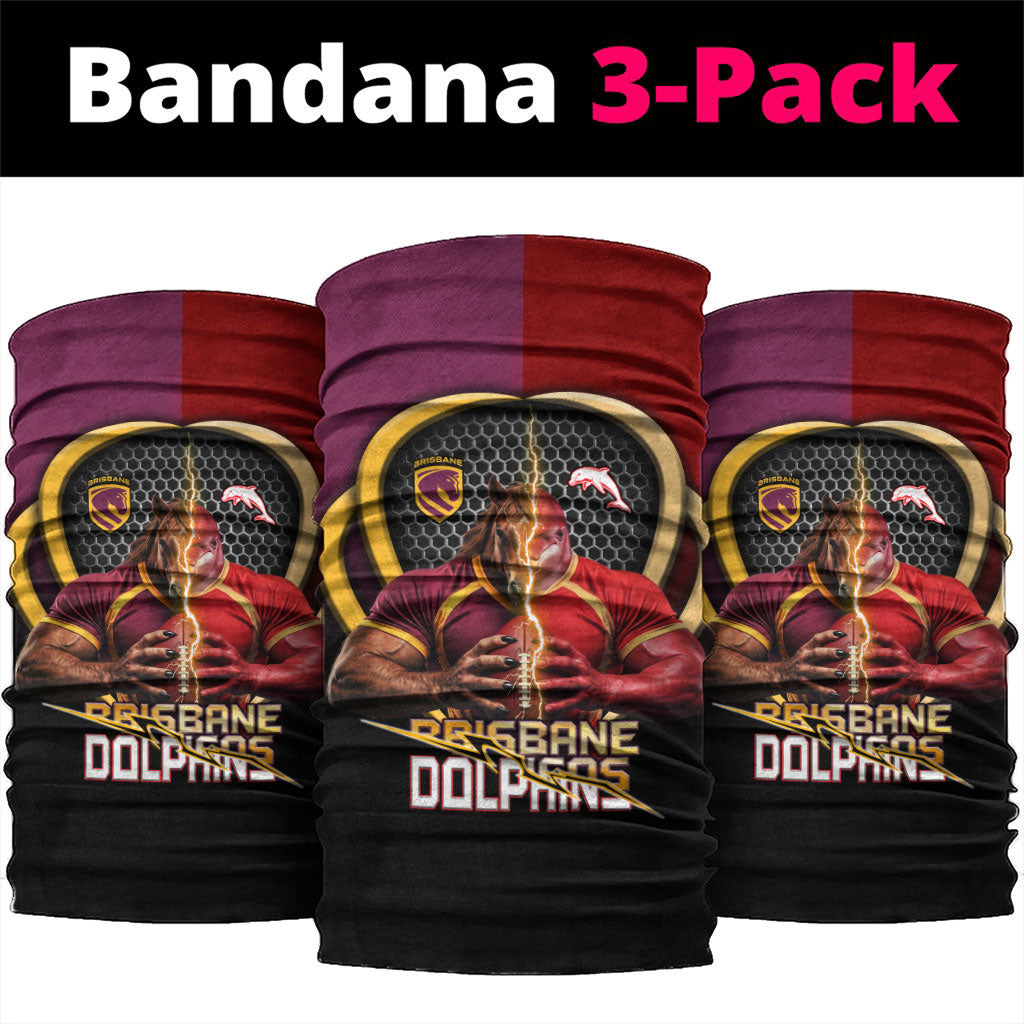 Brisbane Broncos vs Dolphins Fusion Neck Gaiter Hybrid Mascot Lightning Graphic With Hexagon Honeycomb