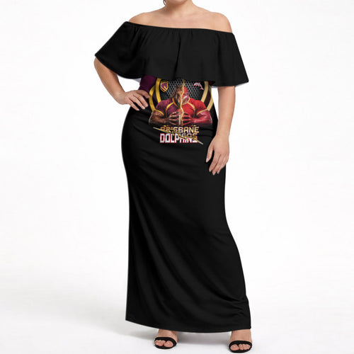 Personalized Brisbane Broncos vs Dolphins Fusion Off Shoulder Maxi Dress Hybrid Mascot Lightning Graphic With Hexagon Honeycomb