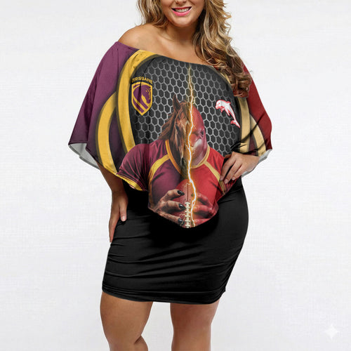 Personalized Brisbane Broncos vs Dolphins Fusion Off Shoulder Short Dress Hybrid Mascot Lightning Graphic With Hexagon Honeycomb
