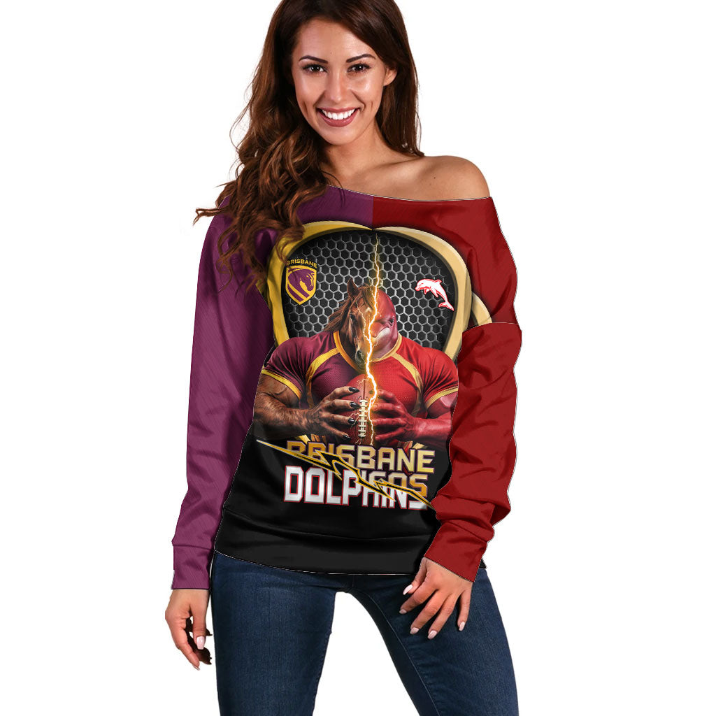 Personalized Brisbane Broncos vs Dolphins Fusion Off Shoulder Sweater Hybrid Mascot Lightning Graphic With Hexagon Honeycomb