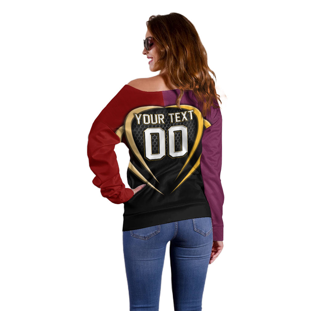 Personalized Brisbane Broncos vs Dolphins Fusion Off Shoulder Sweater Hybrid Mascot Lightning Graphic With Hexagon Honeycomb