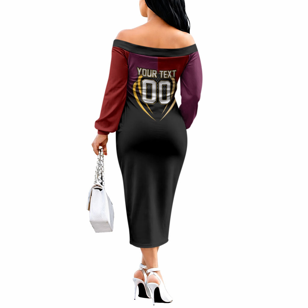 Personalized Brisbane Broncos vs Dolphins Fusion Off The Shoulder Long Sleeve Dress Hybrid Mascot Lightning Graphic With Hexagon Honeycomb