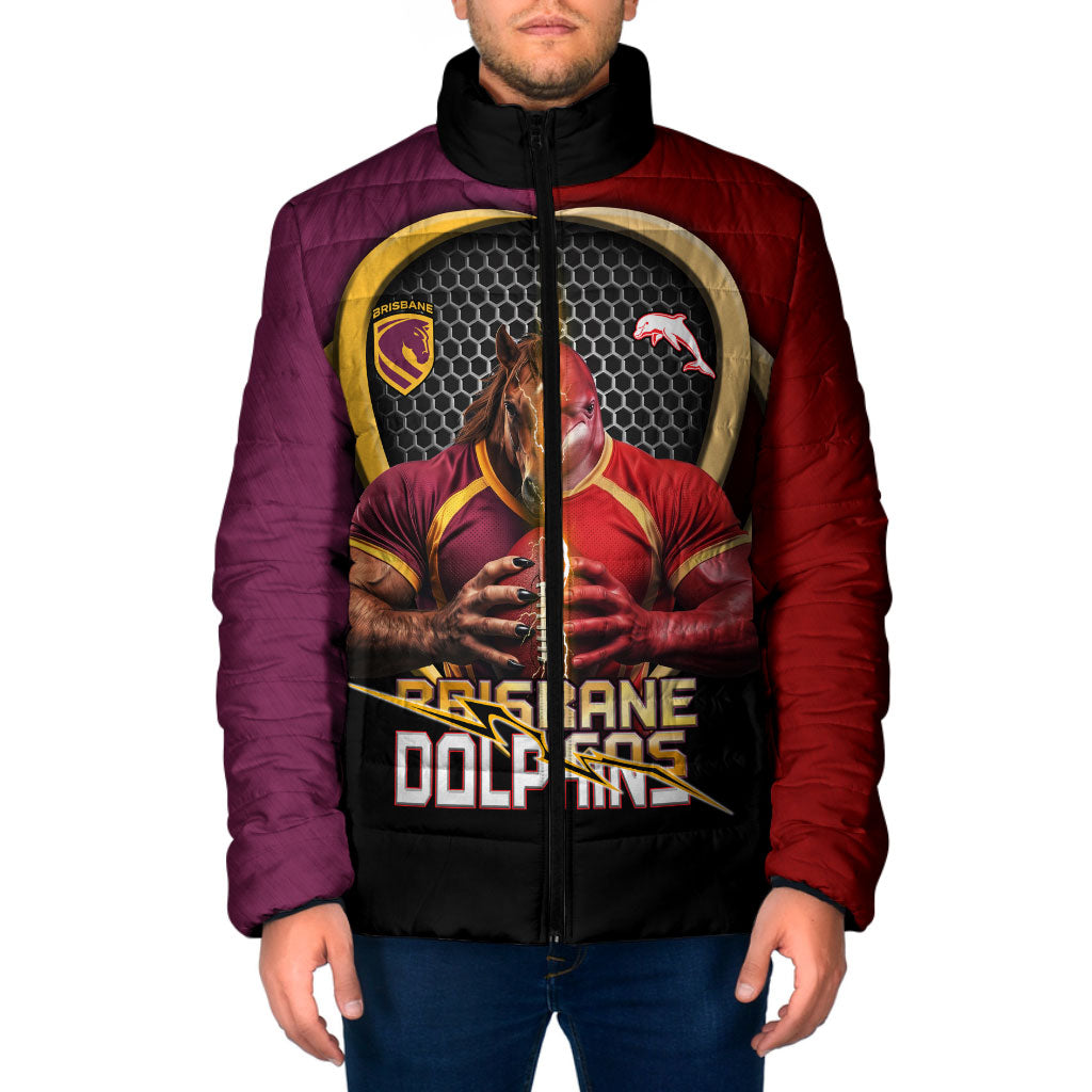 Personalized Brisbane Broncos vs Dolphins Fusion Padded Jacket Hybrid Mascot Lightning Graphic With Hexagon Honeycomb