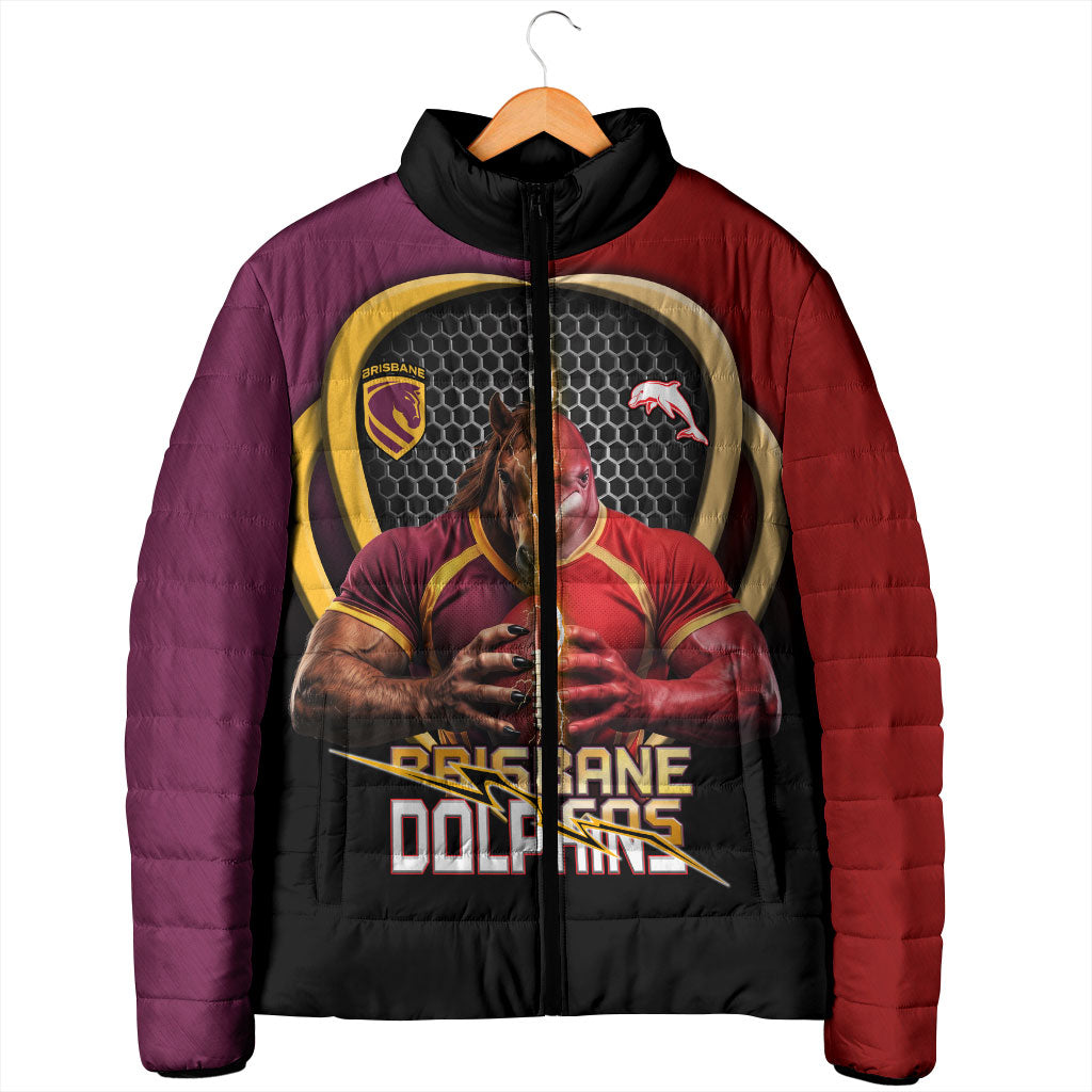 Personalized Brisbane Broncos vs Dolphins Fusion Padded Jacket Hybrid Mascot Lightning Graphic With Hexagon Honeycomb