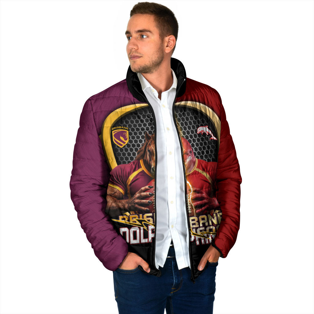Personalized Brisbane Broncos vs Dolphins Fusion Padded Jacket Hybrid Mascot Lightning Graphic With Hexagon Honeycomb
