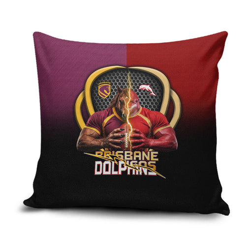 Brisbane Broncos vs Dolphins Fusion Pillow Cover Hybrid Mascot Lightning Graphic With Hexagon Honeycomb