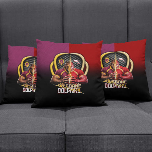 Brisbane Broncos vs Dolphins Fusion Pillow Cover Hybrid Mascot Lightning Graphic With Hexagon Honeycomb