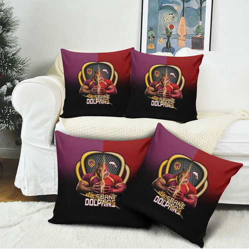 Brisbane Broncos vs Dolphins Fusion Pillow Cover Hybrid Mascot Lightning Graphic With Hexagon Honeycomb