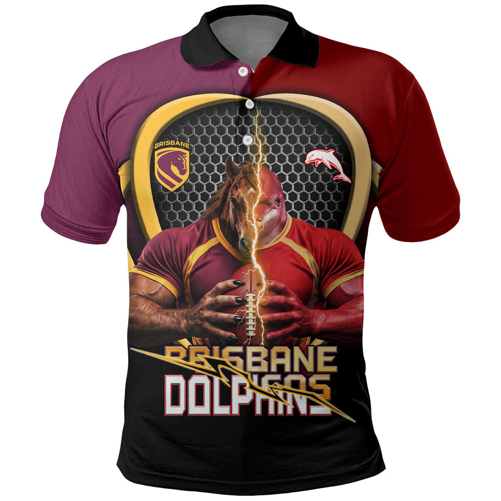Personalized Brisbane Broncos vs Dolphins Fusion Polo Shirt Hybrid Mascot Lightning Graphic With Hexagon Honeycomb