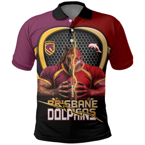 Personalized Brisbane Broncos vs Dolphins Fusion Polo Shirt Hybrid Mascot Lightning Graphic With Hexagon Honeycomb